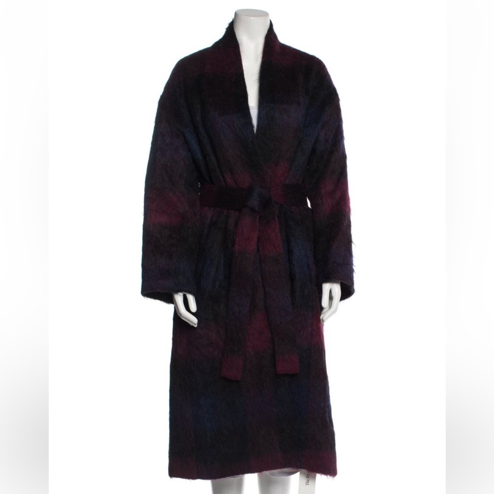 Vince Brushed Angora Wool Plaid Wrap Coat